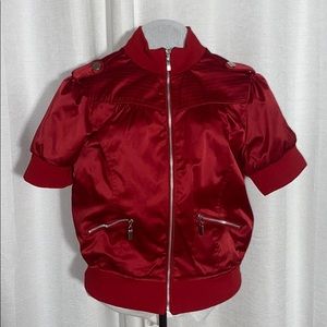 Red Satin Zip Front Short Sleeve Jacket